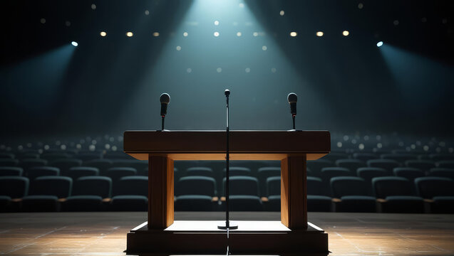 Dark concert hall interior with a single bright spotlight illuminating the empty stage, ready for a night of music and entertainment