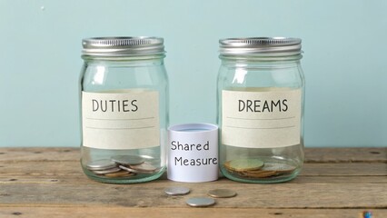 Two jars with labels dreams duties and a shared measure
