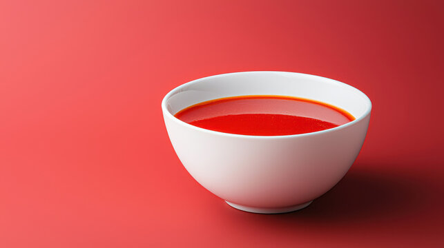 Vibrant red soup in white bowl against bold red background creates striking visual. rich color and smooth texture evoke warmth and comfort