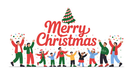 Joyous Christmas Celebration: A heartwarming scene captures a festive group rejoicing during the most wonderful time of the year, with Merry Christmas script in the foreground.