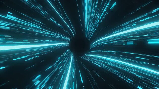 Digital Data Stream Tunnel with Blue and White Light Trails

