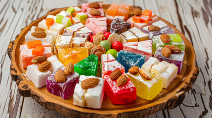 A vibrant combination consisting of Turkish delight, with colorful candies in the middle, surrounded by white chunks, dotted with almonds, placed on a wooden plate, illuminated by natural light with s