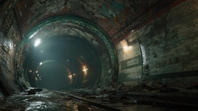 Abandoned circular underground tunnel with brick walls, water pooling on the floor, and dim lights along its length.
