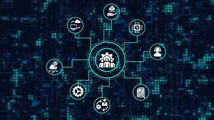 The digital transformation and cloud computing concept is visualized through an abstract network of interconnected icons, symbolizing the integration of technology - Powered by Adobe