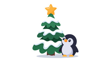 Festive Penguin's Winter Wonder: An adorable penguin stands beside a snow-covered Christmas tree with a shining star, bringing joy and the spirit of winter holiday season.