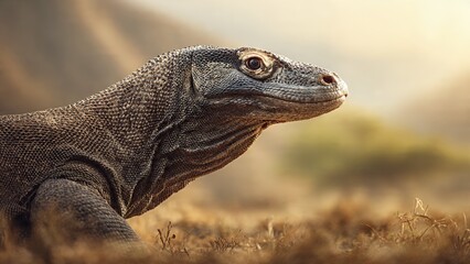 Fototapeta premium Komodo dragons in their natural habitat on Komodo Island, cinematic natural light, close-up perspective.
