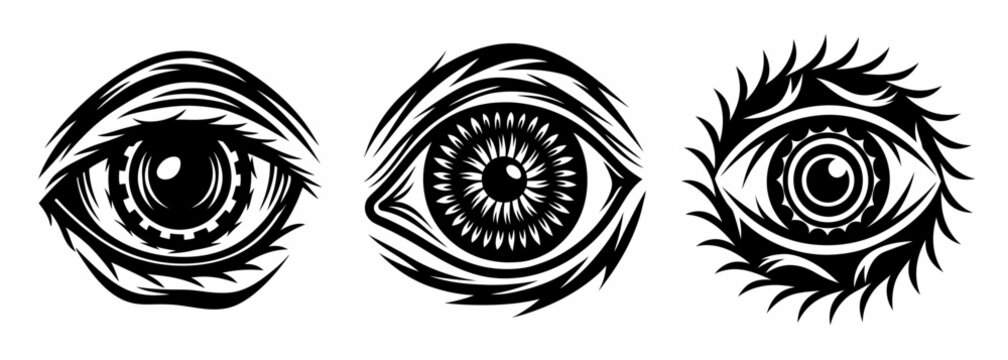 Trippy mechanical eye art collection black and white stylized human eye imagery