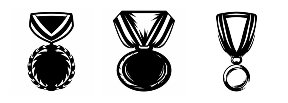 Three distinct award medals with ribbons presented in a horizontal row showcasing design variations and achievement recognition