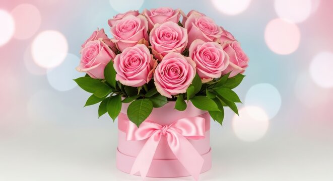 Beautiful bouquet of pink roses in a pink gift box tied with a pink ribbon
