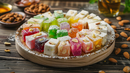 A vibrant combination consisting of Turkish delight, with colorful candies in the middle, surrounded by white chunks, dotted with almonds, placed on a wooden plate, illuminated by natural light with s