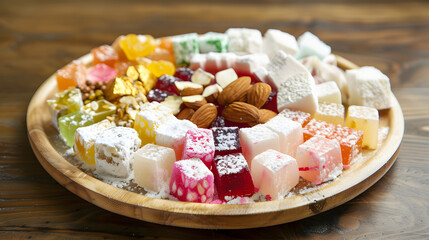 A vibrant combination consisting of Turkish delight, with colorful candies in the middle, surrounded by white chunks, dotted with almonds, placed on a wooden plate, illuminated by natural light with s