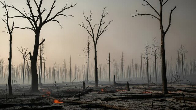 Charred forest landscape after a devastating wildfire