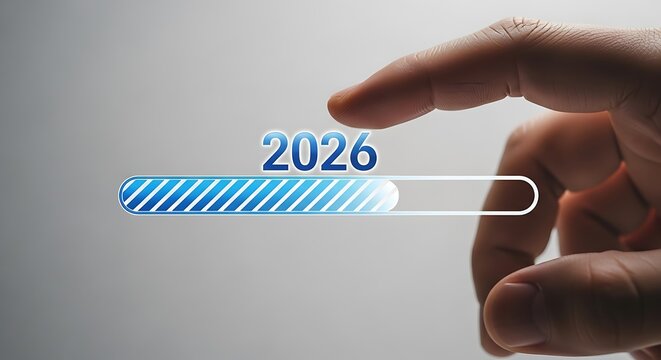 Progress bar showing the year 2026 with a finger about to press it
