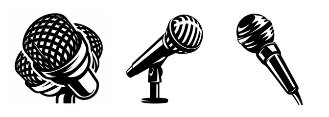 Vintage retro microphones collection dynamic vocal recording studio performance equipment icons