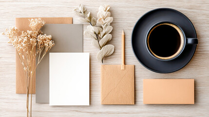 Helle, minimalistische Lifestyle-Szenen mit nat&uuml;rlichen Materialien, dezenten Accessoires und klaren Mockups f&uuml;r Karten, Notizb&uuml;cher und kleine Prints. Weiches Tageslicht und ruhige Kompositionen