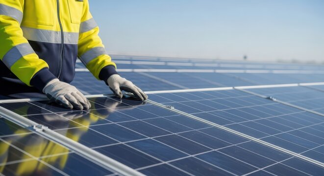 Worker in reflective clothing installing solar panels on a rooftop under a clear blue sky