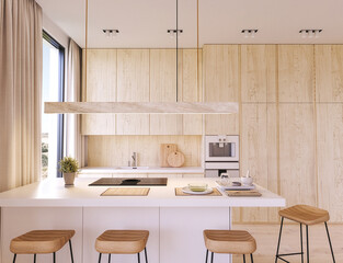 Bright minimalist kitchen with natural wood cabinetry