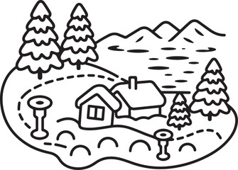 Winter Cabin Line Art Scene | Snowy Forest, Trees & Mountain Landscape