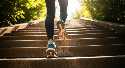 Close up of a persons legs and feet running up a concrete staircase outdoors in the sun