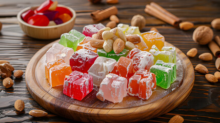 A vibrant combination consisting of Turkish delight, with colorful candies in the middle, surrounded by white chunks, dotted with almonds, placed on a wooden plate, illuminated by natural light with s