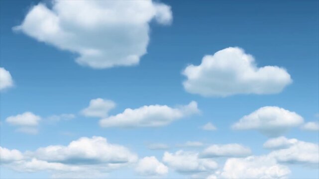Fluffy white cumulus clouds drift across a clear blue sky