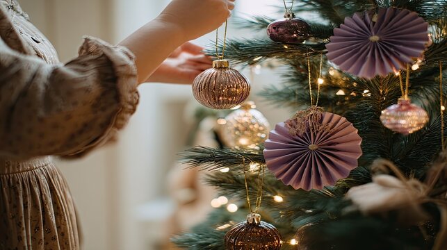 a person is hanging ornaments on the christmas tree