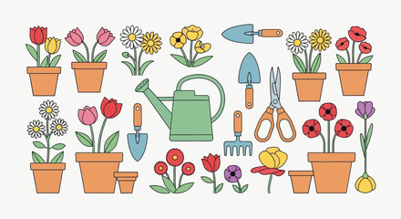 Spring Gardening Illustration with Colorful Flowers in a Pot – Nature Bloom, Decorative Flowerpot Design, Plant Growth, Seasonal Beauty, Floral Decoration, Bright Garden Art for Spring Themes