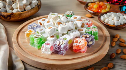 A vibrant combination consisting of Turkish delight, with colorful candies in the middle, surrounded by white chunks, dotted with almonds, placed on a wooden plate, illuminated by natural light with s