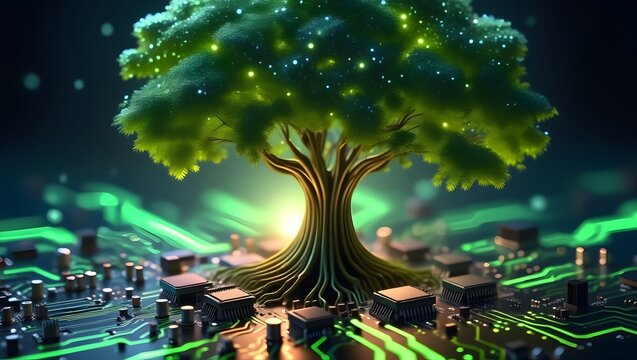 Generative AI illustration of digitally created image of tree with foliage growing from a circuit board illustrating the concept of technology
