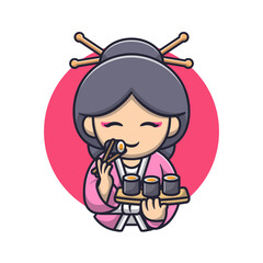 Cute Japanese Girl Eating Sushi Cartoon