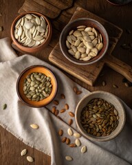 Fototapeta premium Four Bowls of Pumpkin Seeds on Cloth and Wood