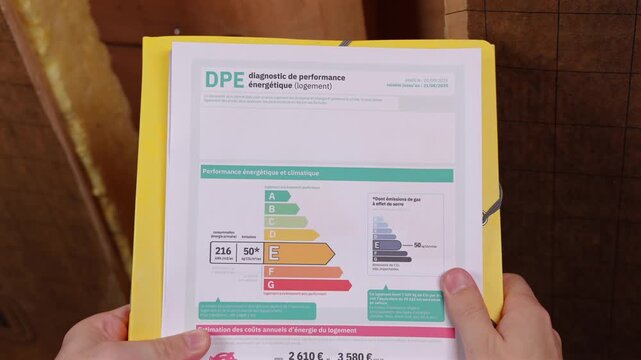 Une personne en train de remplir le formulaire du DPE pour l'immobilier dans le grenier d'une maison.