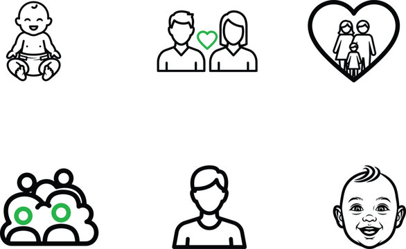 Collection of linear icons depicting family moments from babies to couples and family love perfect for designs and projects