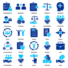Business ethicsSet of 25 thin Duotone icon vector illustration. icon of responsibility, reliability, principle, morality, behavior, relationship, and trust