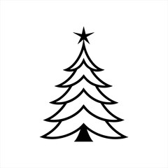 Stylized black outline of a christmas tree with a star topper isolated on white background