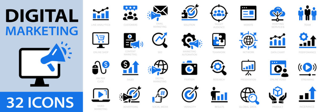 Digital marketing 32 icon set. Social, networks, feedback, communication, marketing, e-commerce. Vector illustration.