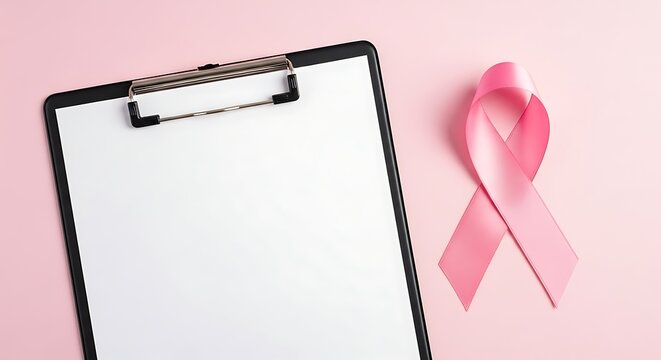 Pink ribbon on clipboard for breast cancer awareness