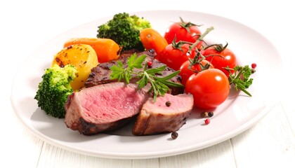 Sliced grilled steak with vibrant red tomatoes, green broccoli, orange carrots, herbs, and seasonings on a white plate