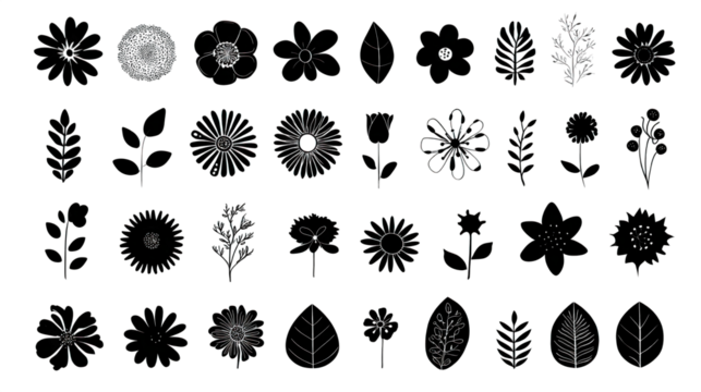 A collection of hand-drawn floral and leaf designs, showcasing various flower types and leaves in a simple, artistic style.