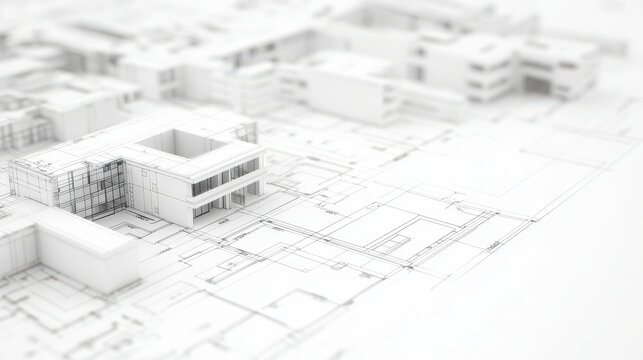 Architectural blueprint showcasing detailed layout of modern buildings and structures, emphasizing precision and design elements