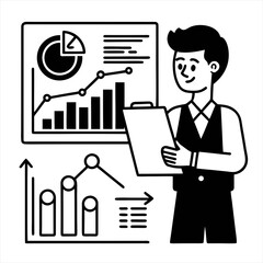 Business analyst examining financial charts and graphs with a clipboard isolated on white background