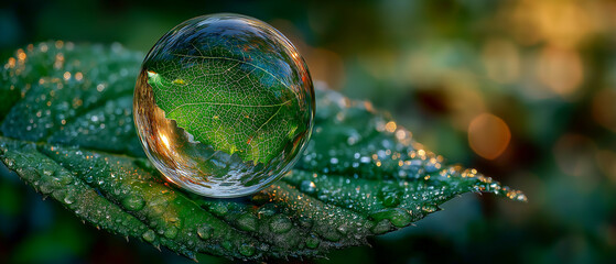 Glass globe with green leaf reflection and water drops, eco nature concept and environmental harmony