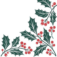 Illustration of a festive corner border with holly leaves and berries, perfect for adding a touch of holiday cheer to your designs and projects
