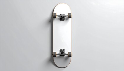 Overhead shot of a skateboard with white deck and black and gold hardware. It is centered, casting a shadow on a light grey background