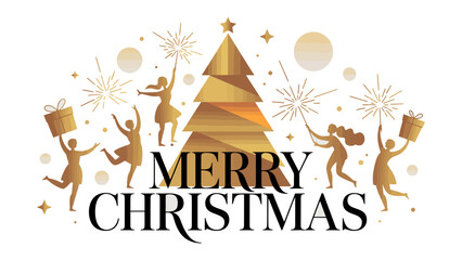 Joyful Christmas Celebration: A festive illustration embodies the essence of Christmas, with silhouetted figures reveling around a dazzling Christmas tree.