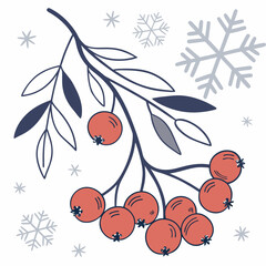 A delicate winter scene featuring rowan berries and snowflakes, , capturing the serene beauty of the season and the charm of natures artistry