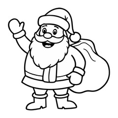 Cartoon Santa Claus, waving hello holding a large gift bag, isolated on a white background