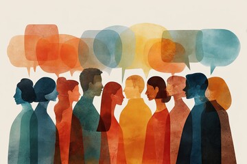 Diverse figures communicate, speech bubbles of various colors float above them in a creative design