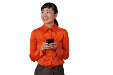 Asian woman smiling and holding a smartphone, looking away from the camera, communicating and networking. Transparent background