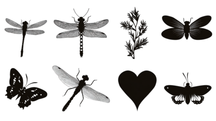 A collection of stylized insect silhouettes including dragonflies and butterflies, along with a floral element and a heart shape.